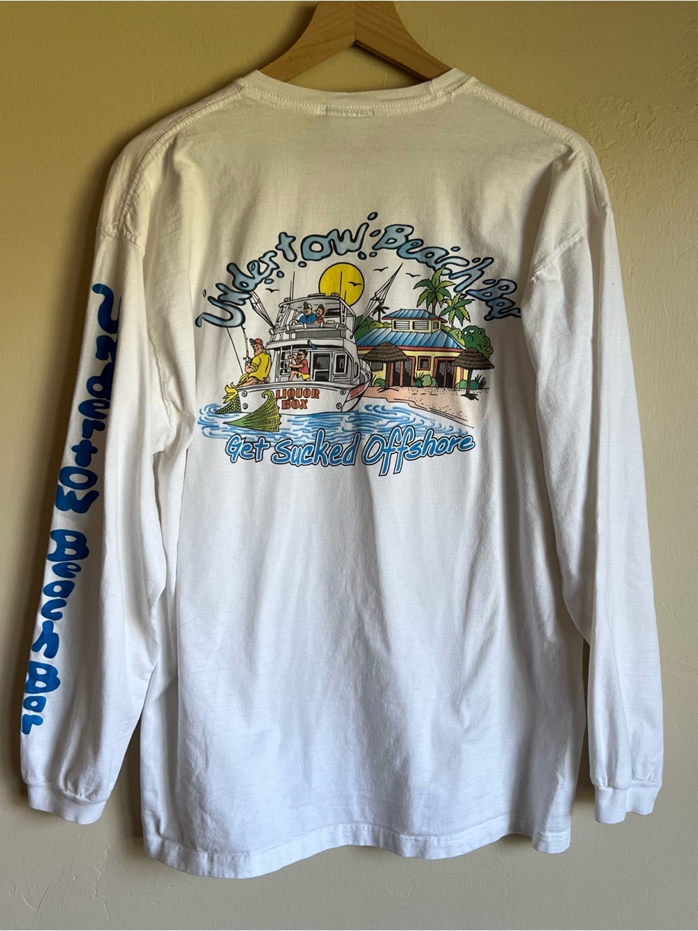 Undertow Beach Bar Long Sleeve Tee - White with Blue Graphic